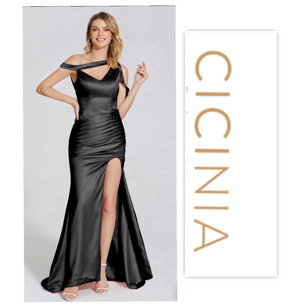 CICINIA Black Side Slit Straps Soft Satin Dress